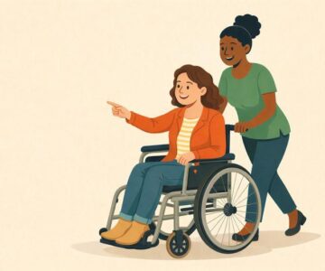 AI_vw winkelend met jonge dame in rolstoel