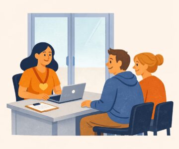 Voedselbank spreekuur – vrijwilliger met laptop helpt 2 mensen